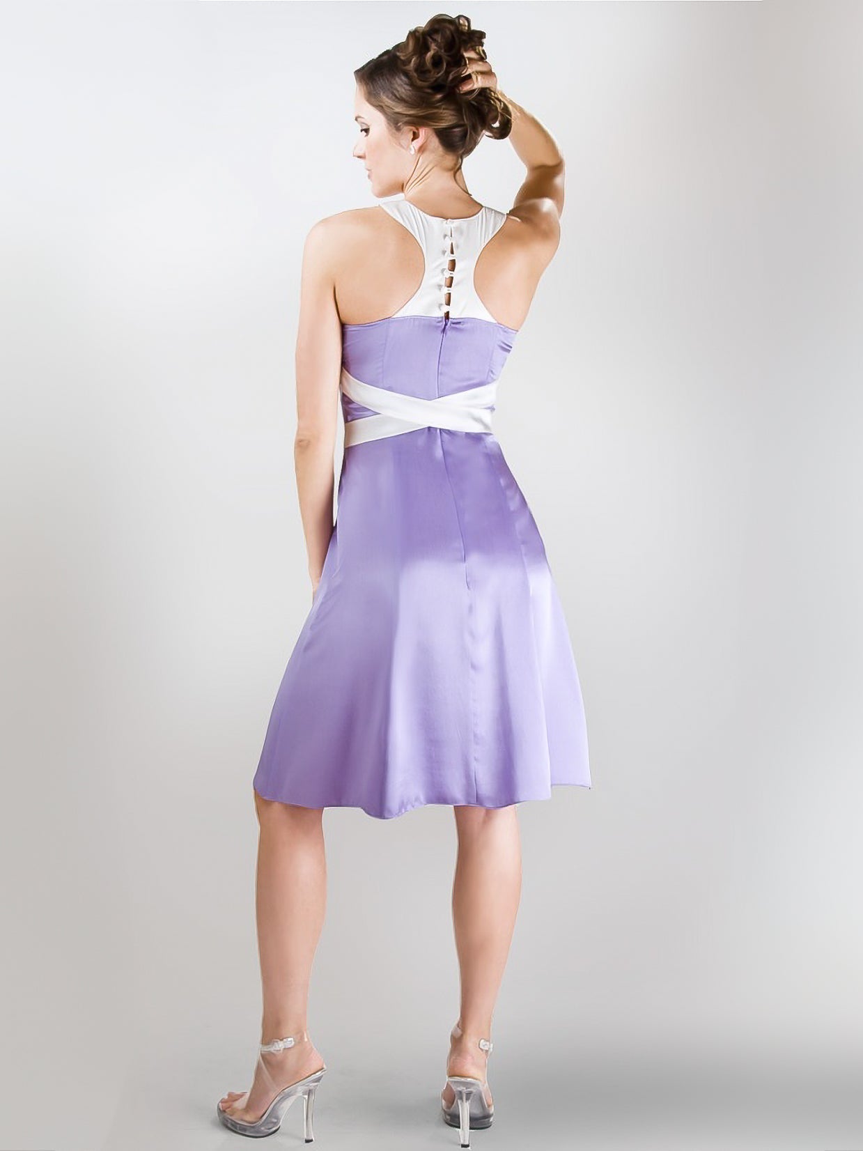 Custom Silk Sarah Dress V Neck Knee Length Side Bow Sash Back