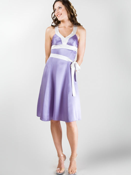 Custom Silk Sarah Dress V Neck Knee Length Side Bow Sash