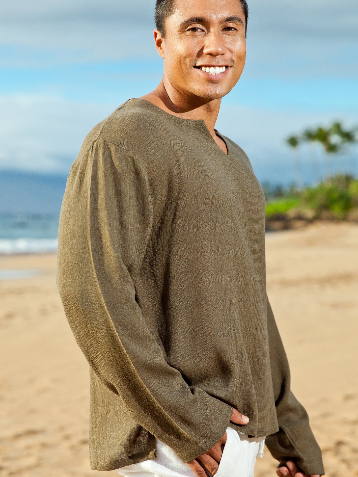 Mens Gauze Linen V Neck Pullover Tunic Lanai Shirt Long Sleeve Army Green Casual Beach Wear