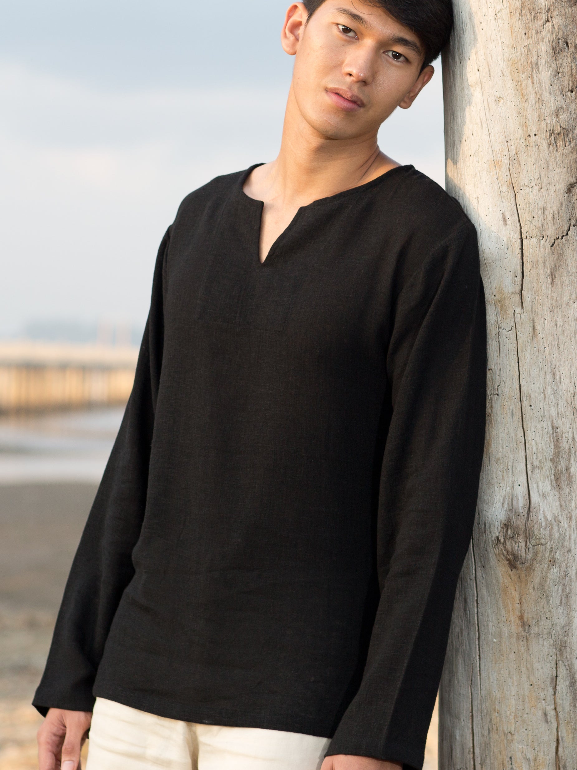 Mens Gauze Linen V Neck Pullover Tunic Lanai Shirt Long Sleeve Black Casual Beach Wear