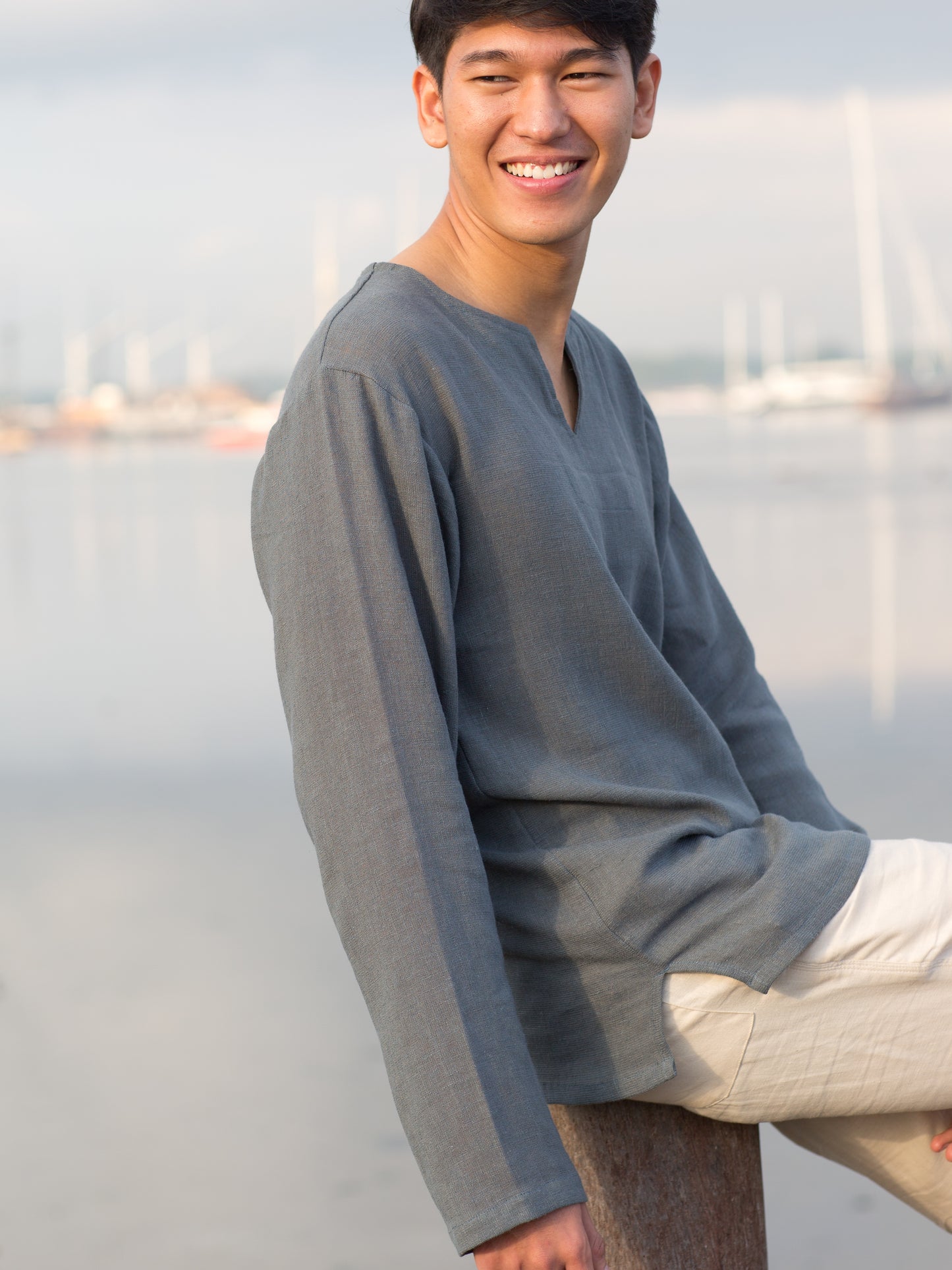 Mens Gauze Linen V Neck Pullover Tunic Lanai Shirt Long Sleeve Gray Casual Beach Wear