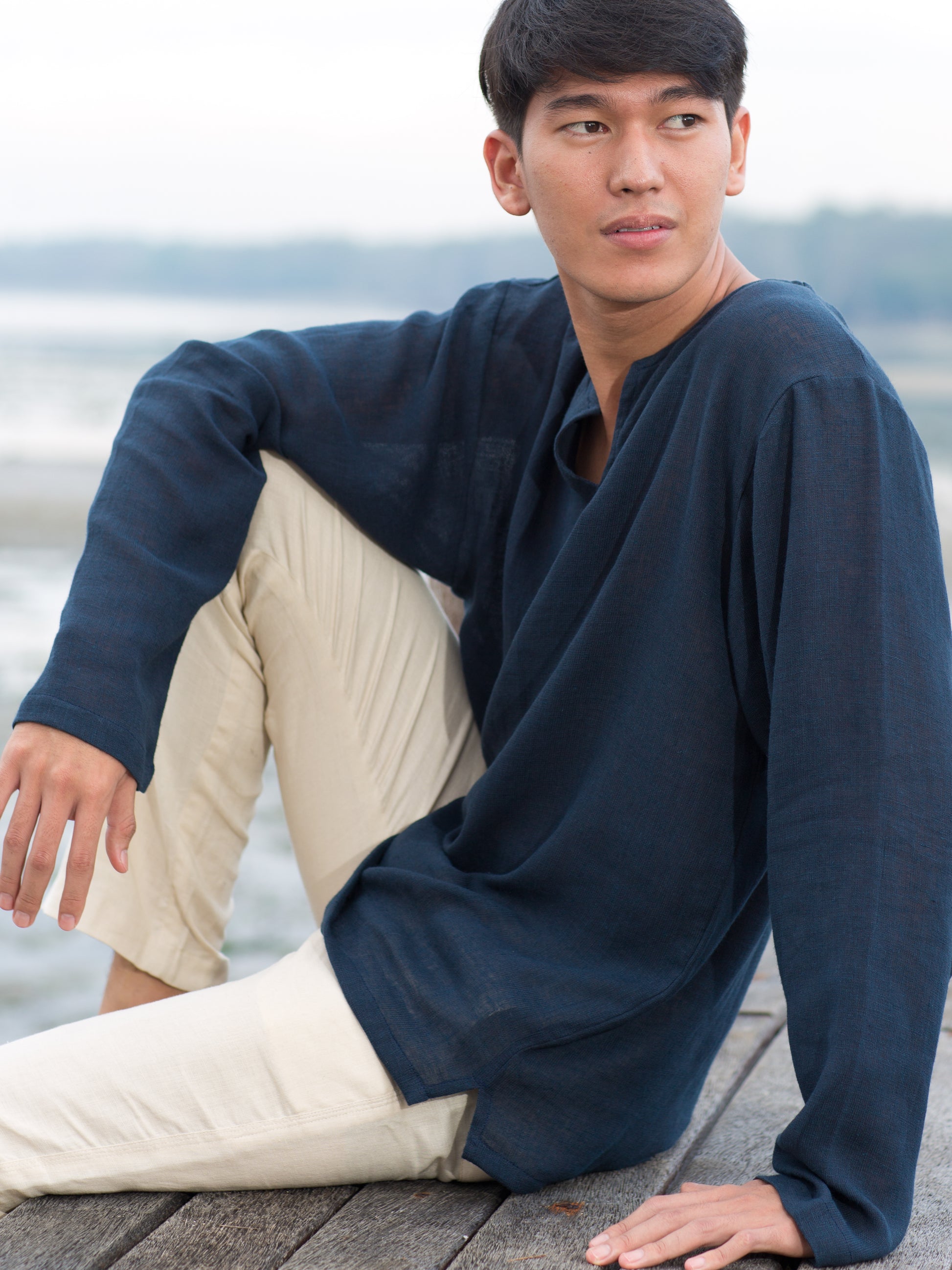 Mens Gauze Linen V Neck Pullover Tunic Lanai Shirt Long Sleeve Navy Blue Casual Beach Wear