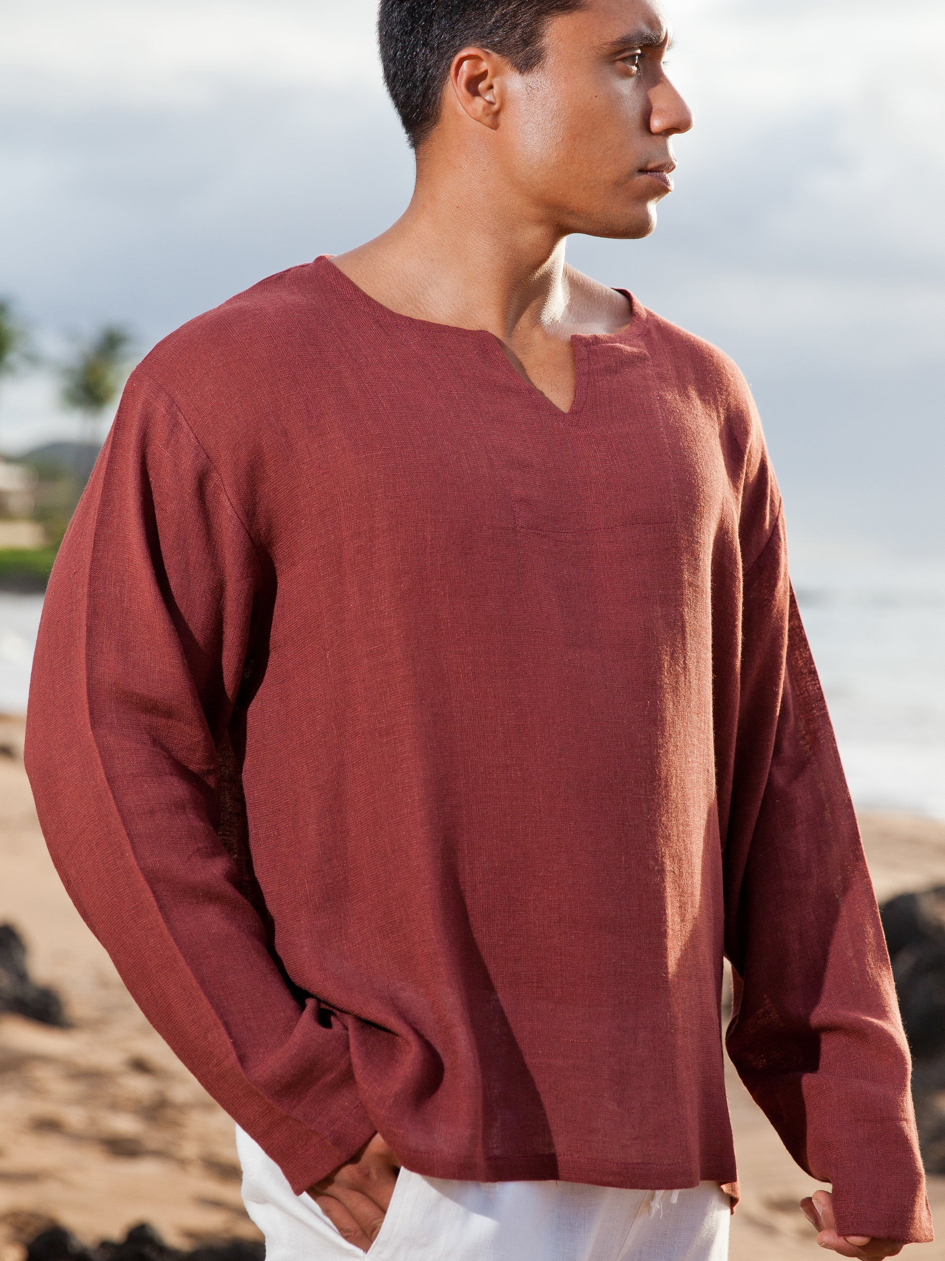 Mens Gauze Linen V Neck Pullover Tunic Lanai Shirt Long Sleeve Red Wine Casual Beach Wear