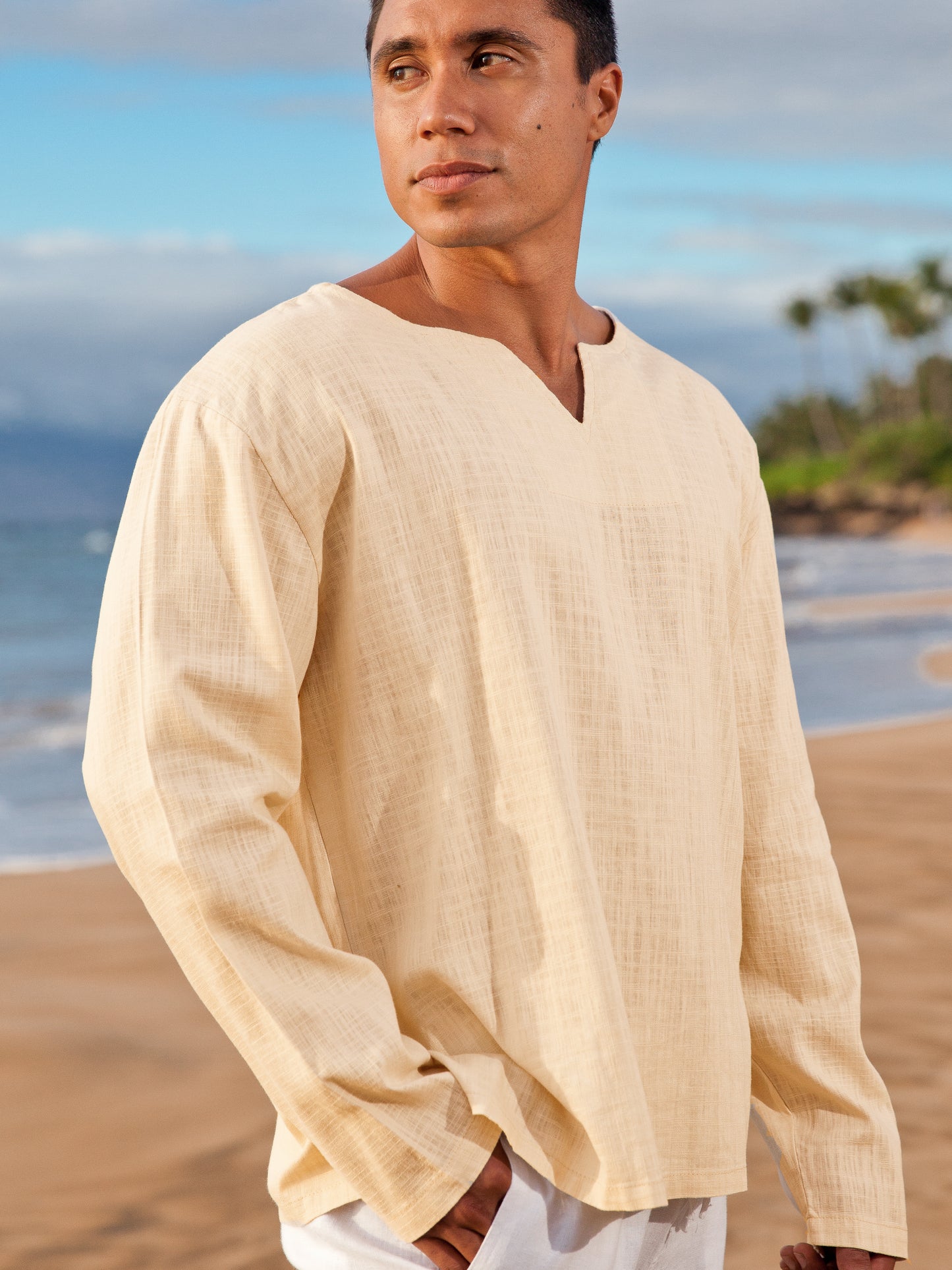Mens Gauze Linen V Neck Pullover Tunic Lanai Shirt Long Sleeve Tan Khaki Casual Beach Wear