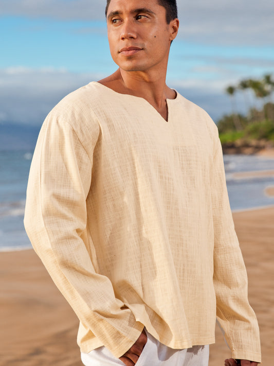 Mens Gauze Linen V Neck Pullover Tunic Lanai Shirt Long Sleeve Tan Khaki Casual Beach Wear
