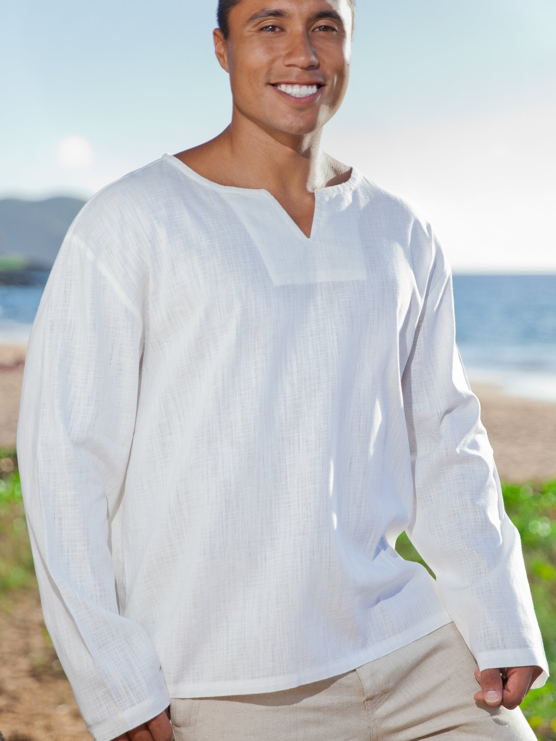 Mens Gauze Linen V Neck Pullover Tunic Lanai Shirt Long Sleeve White Casual Beach Wear