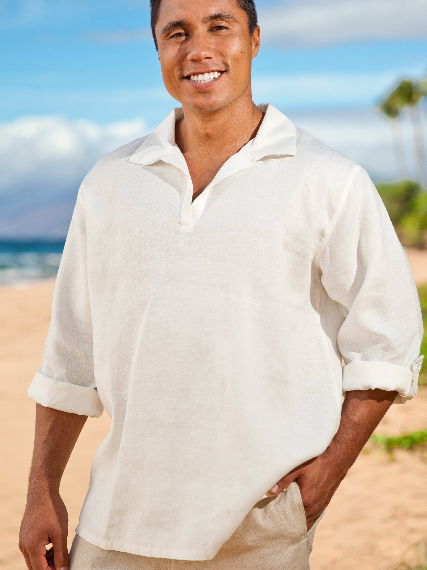 Mens Linen Collared Pullover Tunic Majorca Shirt Long Sleeve Ivory Beach Wedding