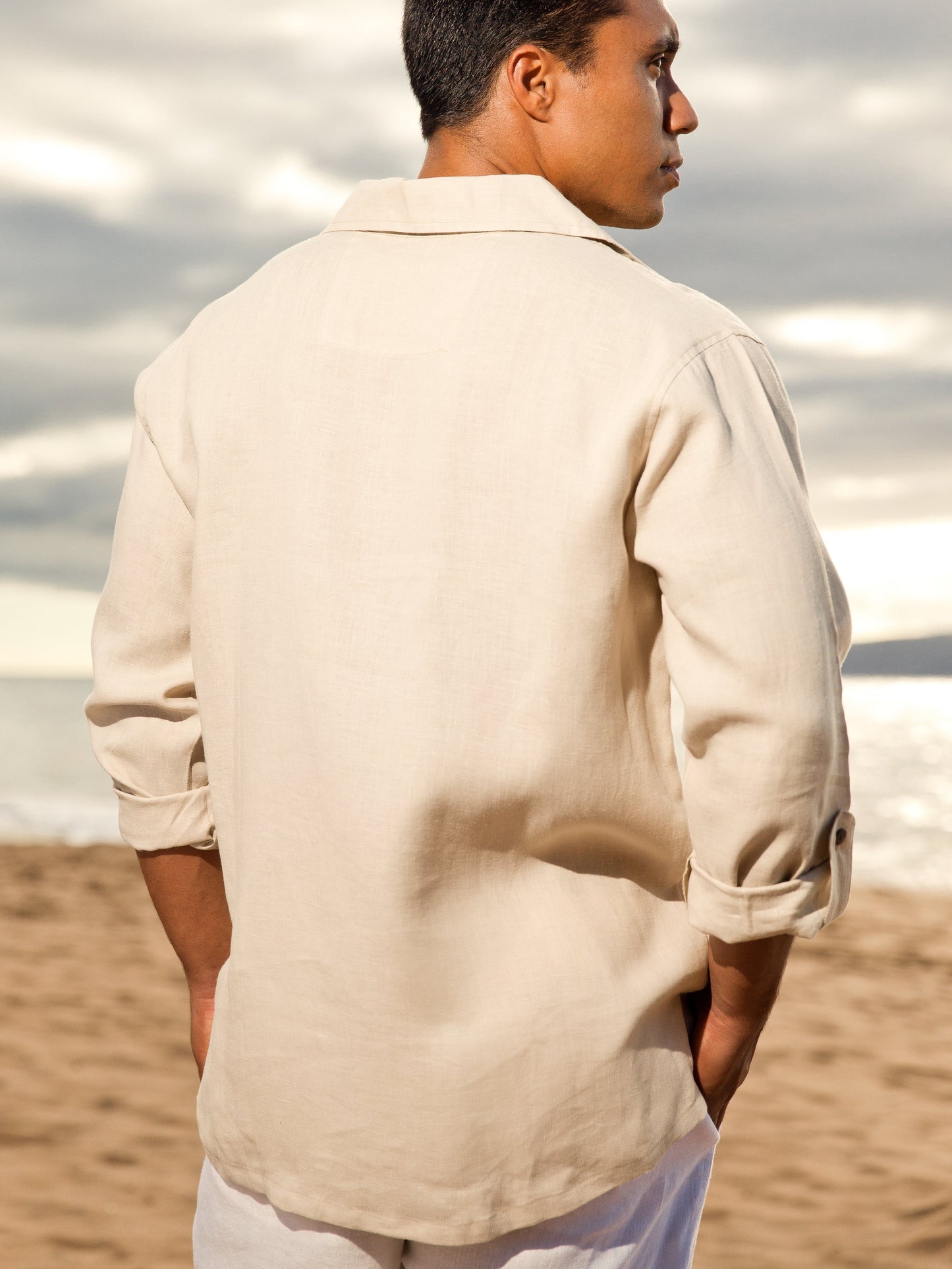 Mens Linen Collared Pullover Tunic Majorca Shirt Long Sleeve Natural Khaki Beach Wedding Back