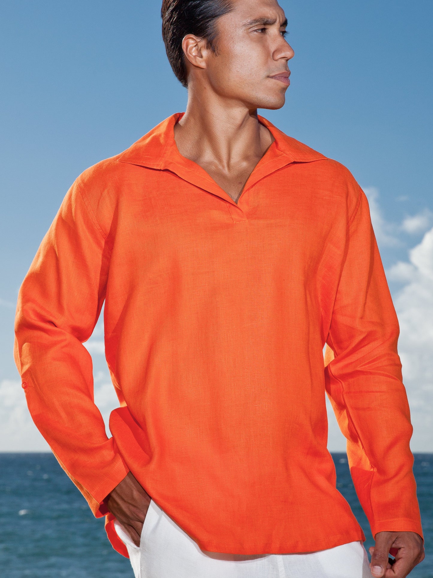 Mens Linen Collared Pullover Tunic Majorca Shirt Long Sleeve Orange Beach Wedding