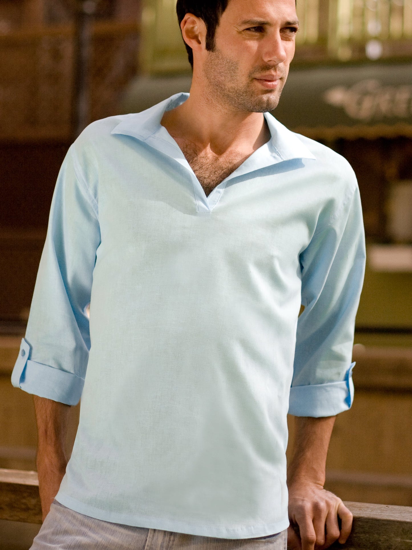 Mens Linen Collared Pullover Tunic Majorca Shirt Long Sleeve Pebble Blue Beach Wedding