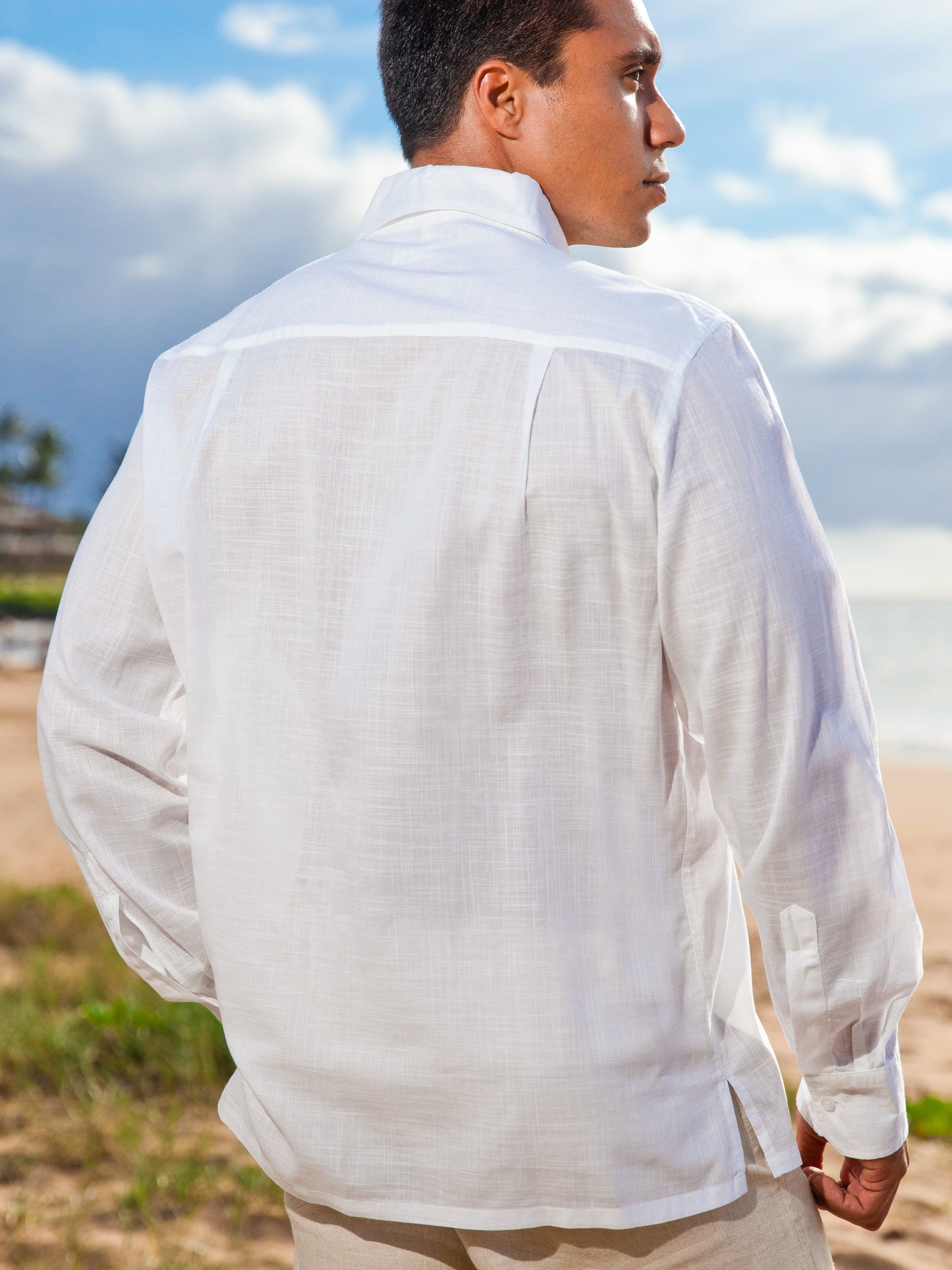 Mens Bamboo Amalfi Shirt White Light Weight Beach Wedding Back