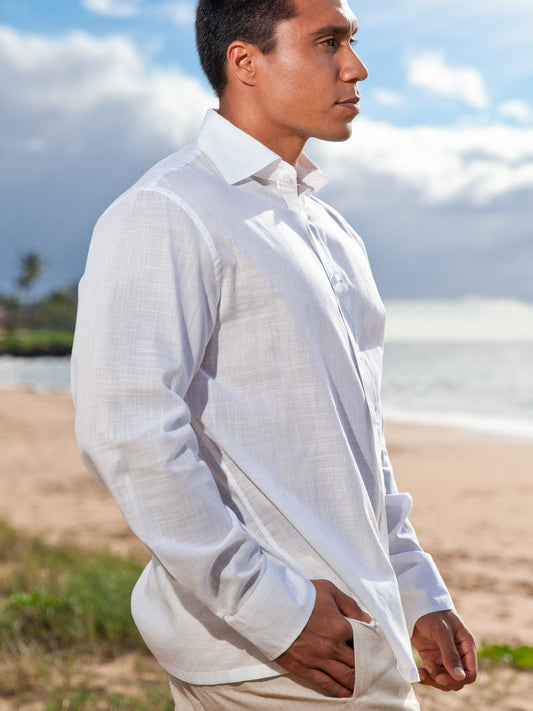 Mens Bamboo Amalfi Shirt White Light Weight Beach Wedding Side