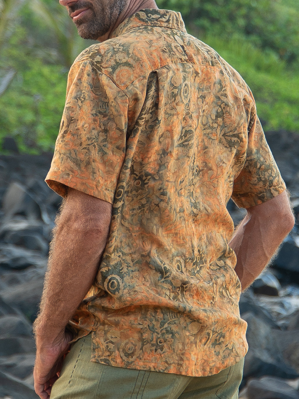 Mens Batik Harbor Shirt Short Sleeve Burnt Orange Beach Wedding Back