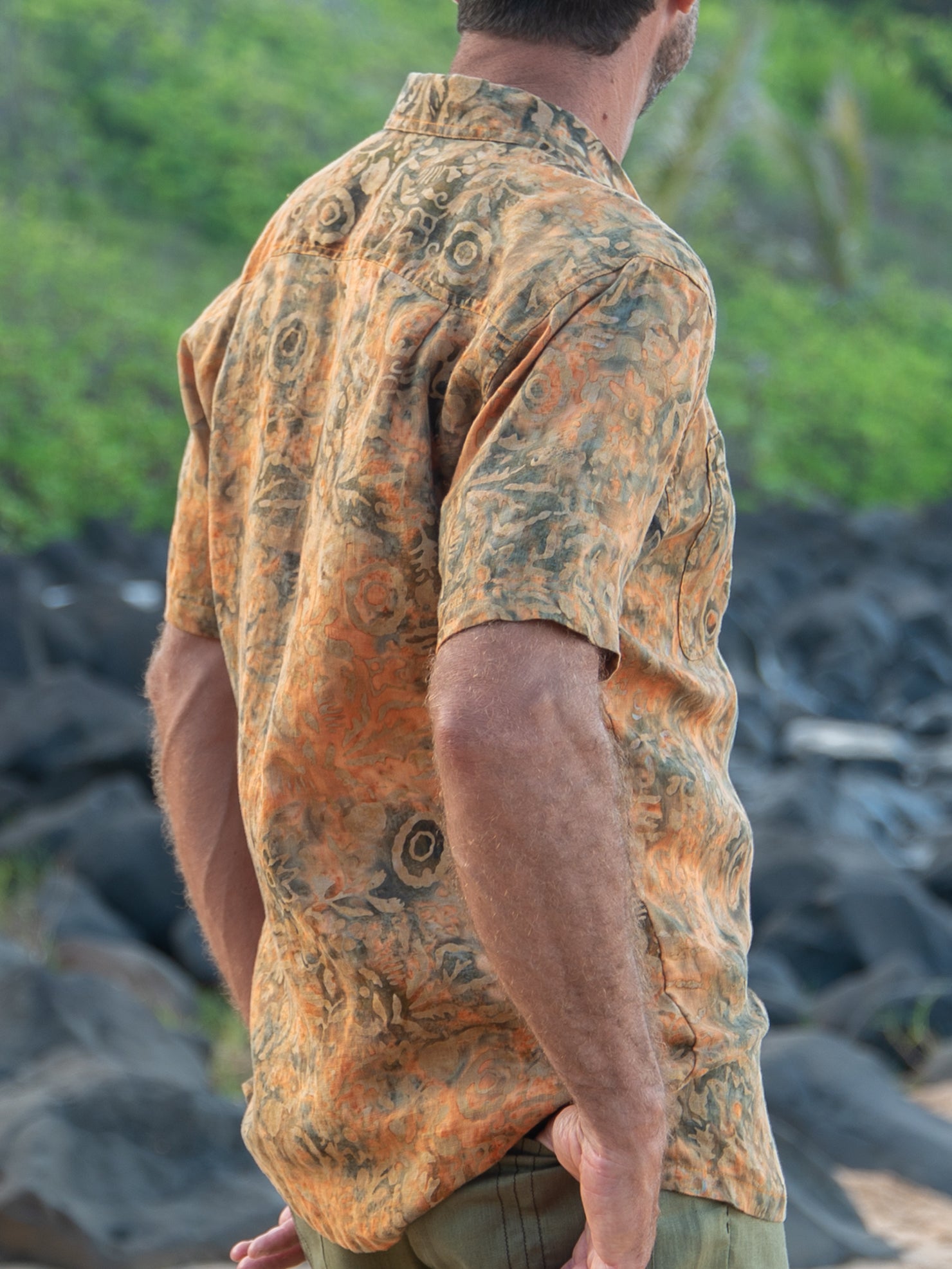 Mens Batik Harbor Shirt Short Sleeve Burnt Orange Beach Wedding Back