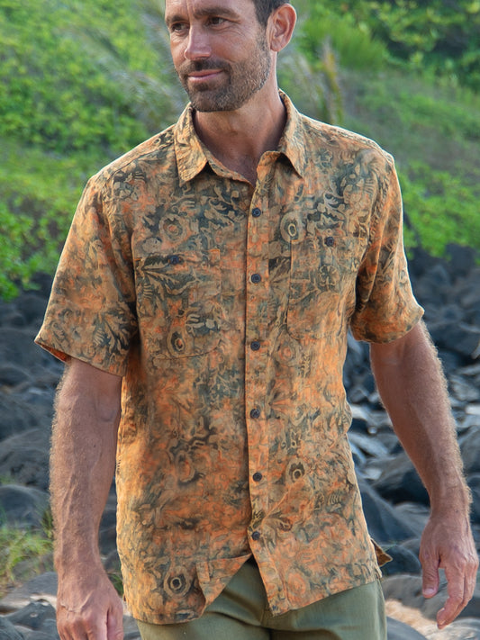 Mens Batik Harbor Shirt Short Sleeve Burnt Orange Beach Wedding Main