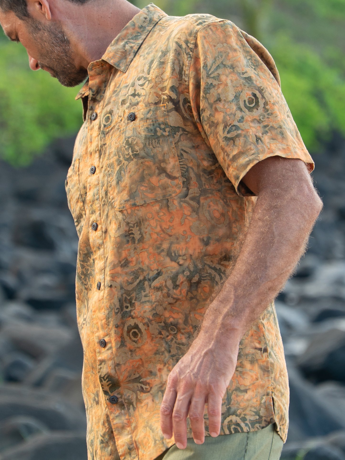 Mens Batik Harbor Shirt Short Sleeve Burnt Orange Beach Wedding Side