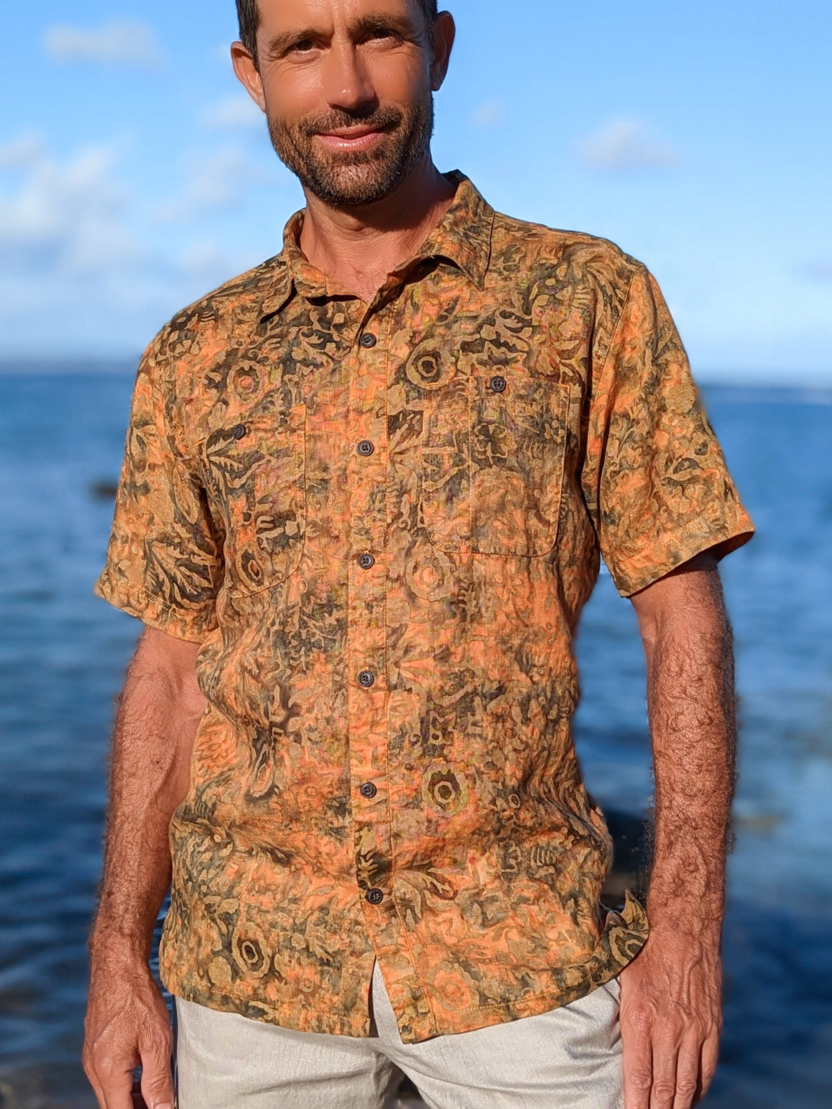 Mens Batik Harbor Shirt Short Sleeve Burnt Orange Beach Wedding