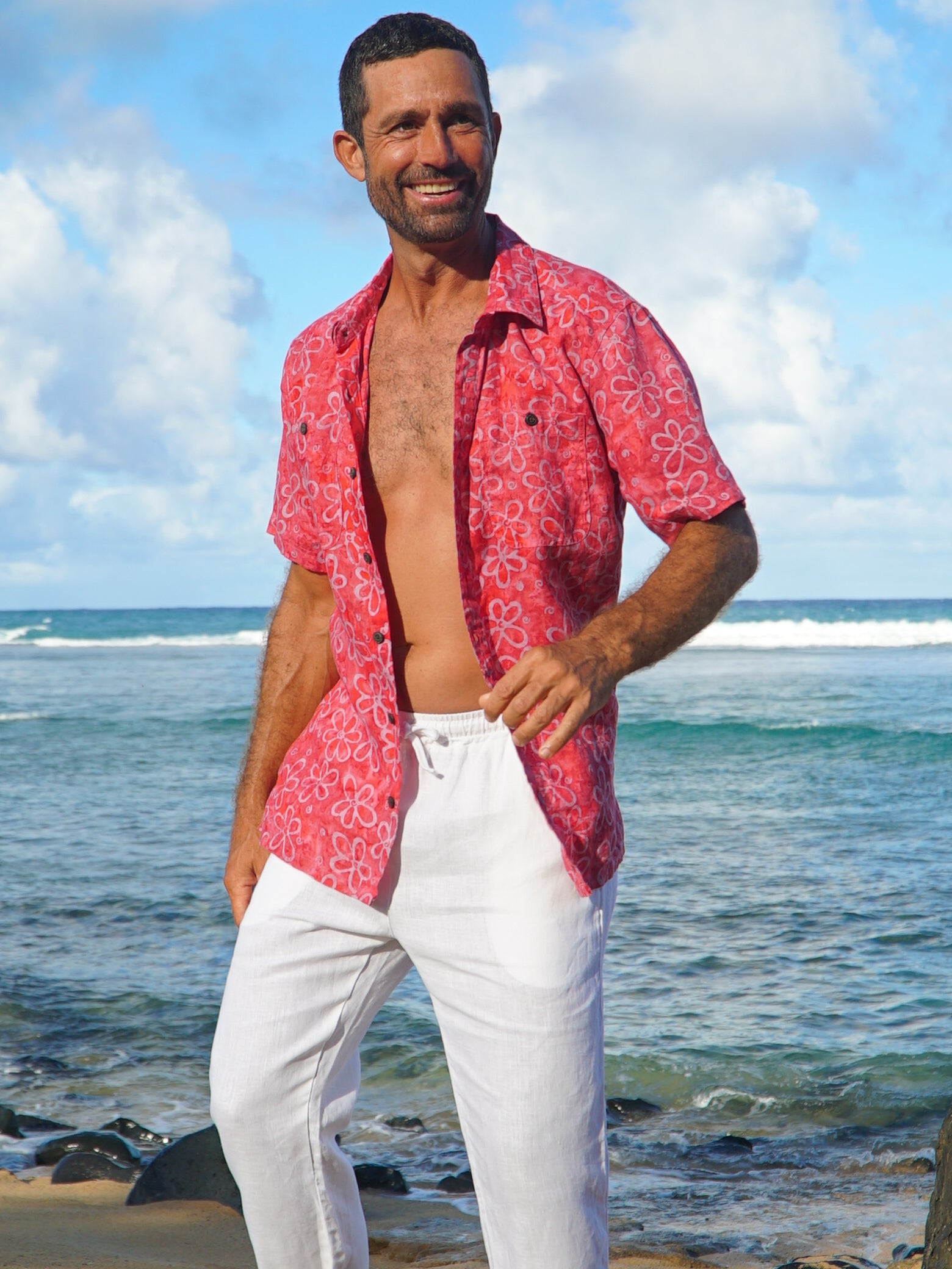Mens Batik Harbor Shirt Short Sleeve Pink Beach Wedding Full