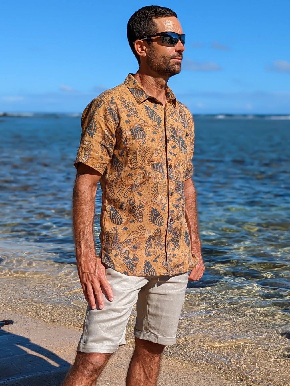 Mens Batik Harbor Shirt Short Sleeve Sea Life Beach Wedding Side