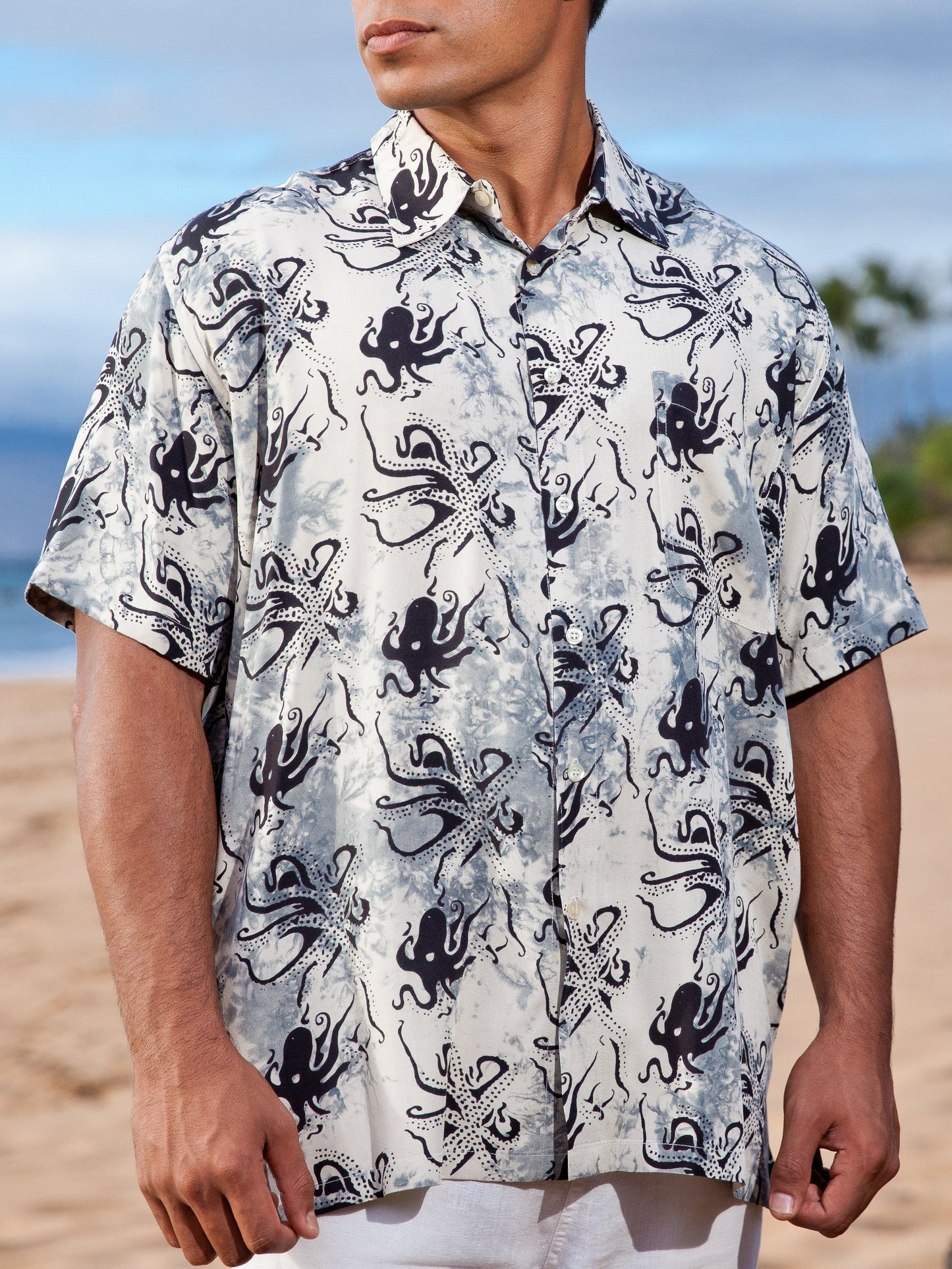 Mens Batik Island Shirt Short Sleeve Octopus Beach Wedding Alt