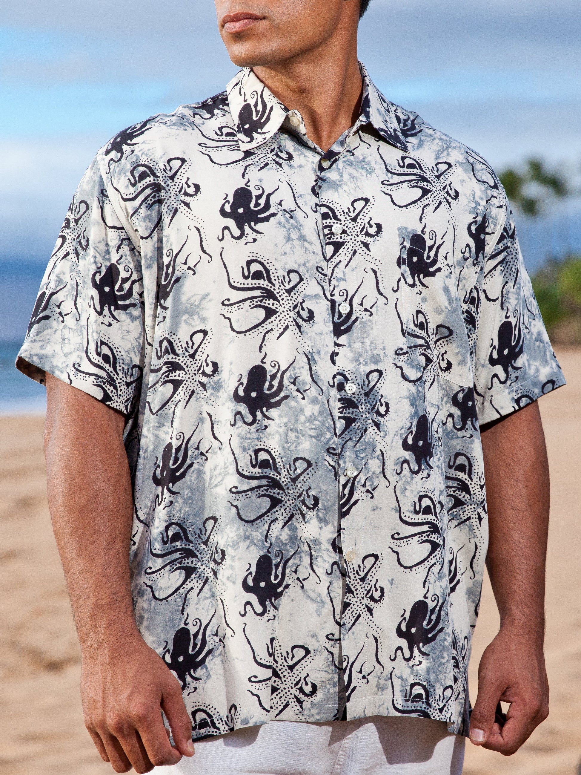 Mens Batik Island Shirt Short Sleeve Octopus Beach Wedding Alt