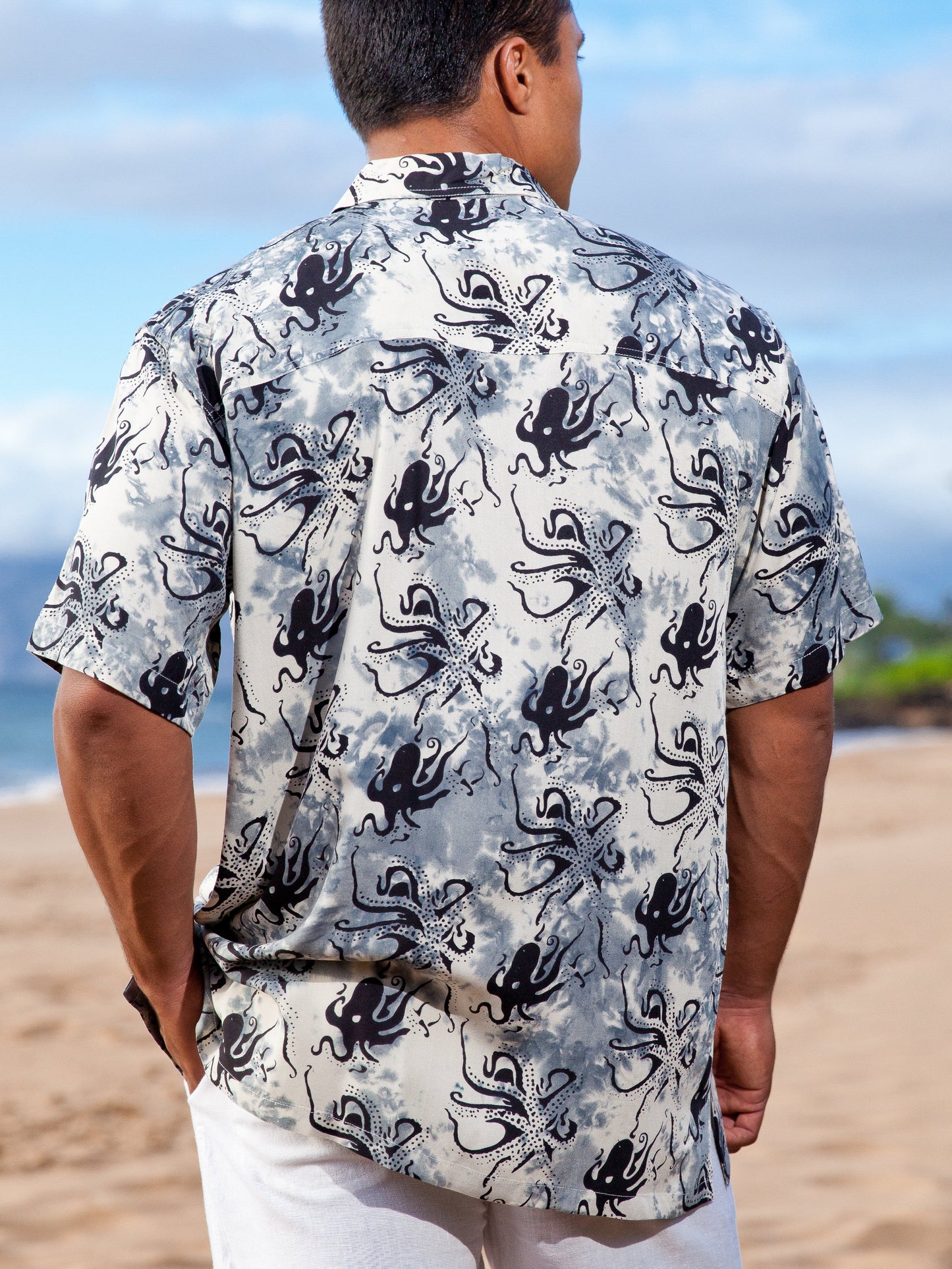 Mens Batik Island Shirt Short Sleeve Octopus Beach Wedding Back