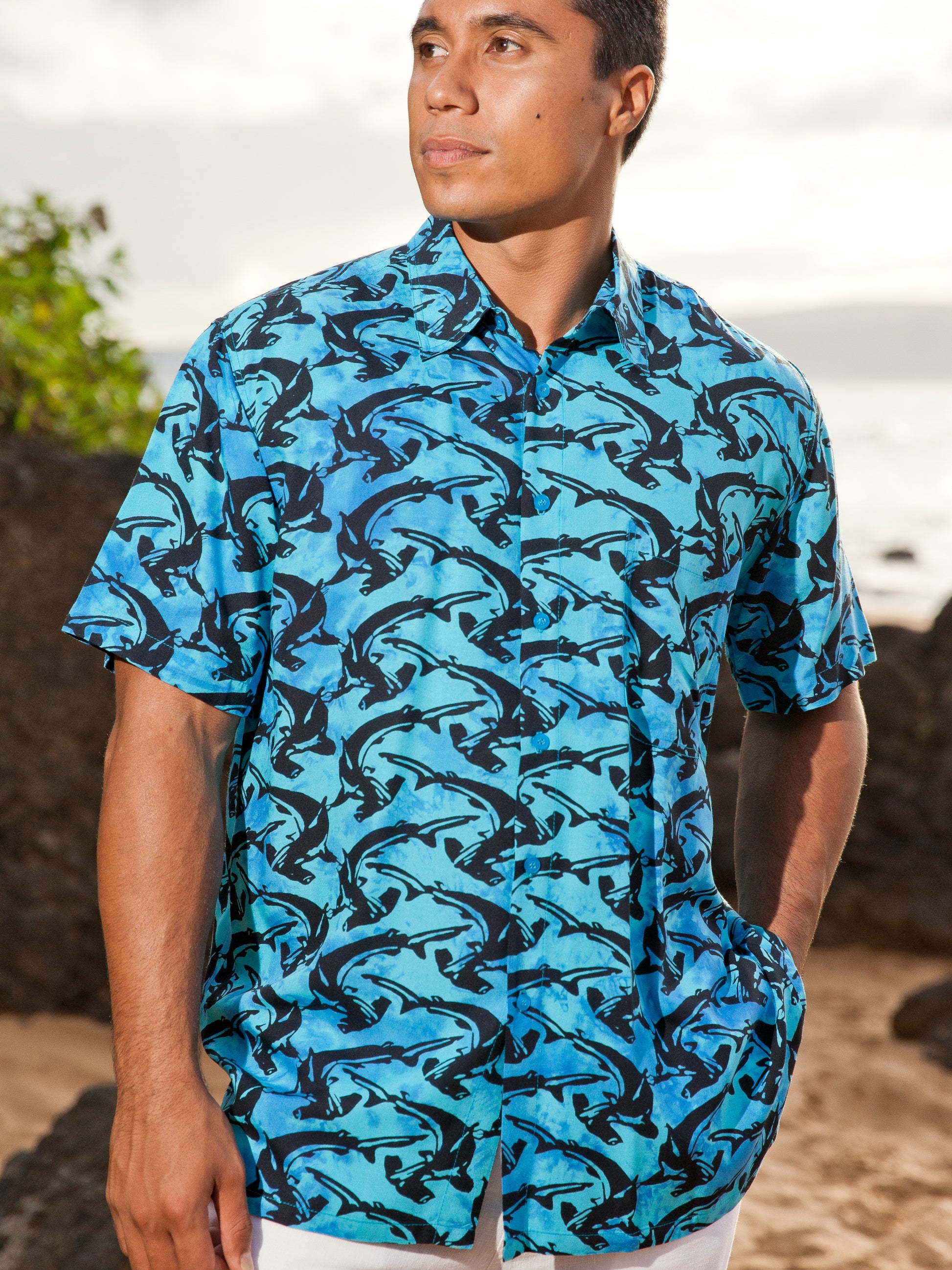 Mens Batik Island Shirt Short Sleeve Shark Beach Wedding