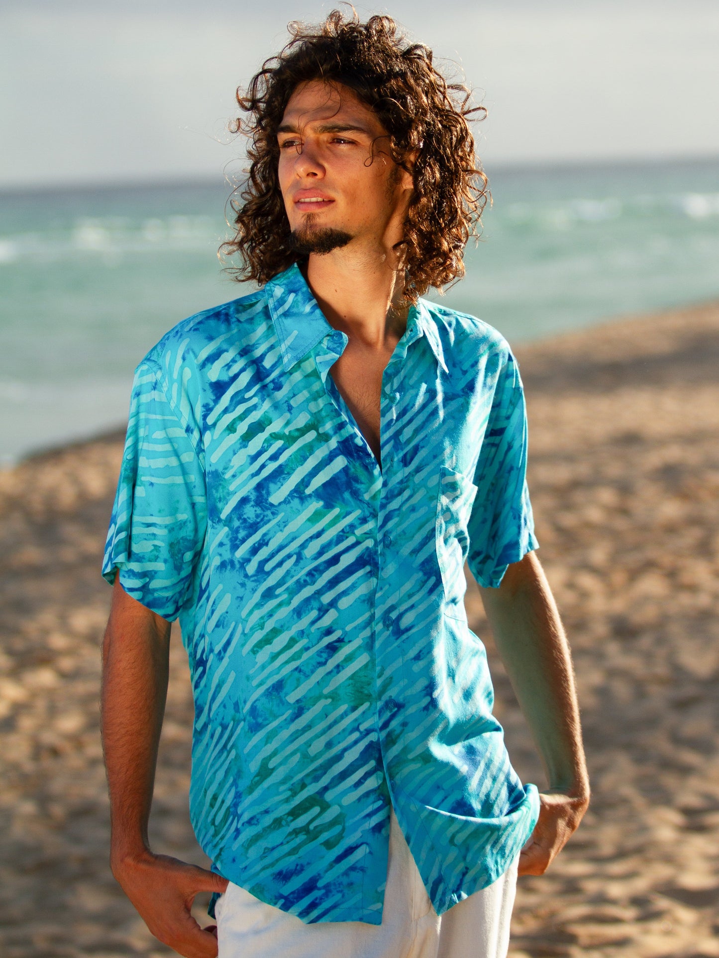 Mens Batik Island Shirt Short Sleeve Tuquoise Blue Beach Wedding Alt