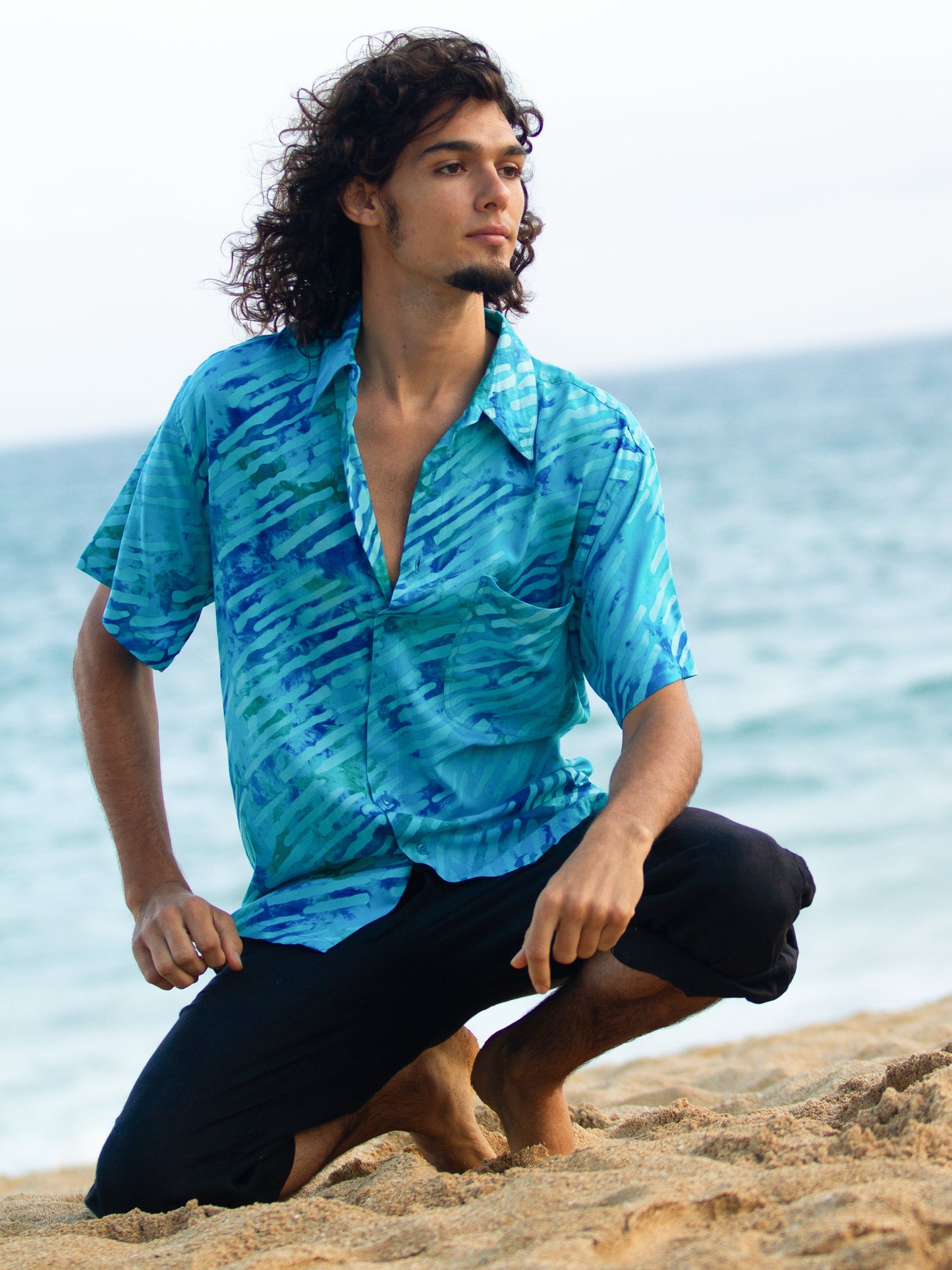 Mens Batik Island Shirt Short Sleeve Tuquoise Blue Beach Wedding Alt