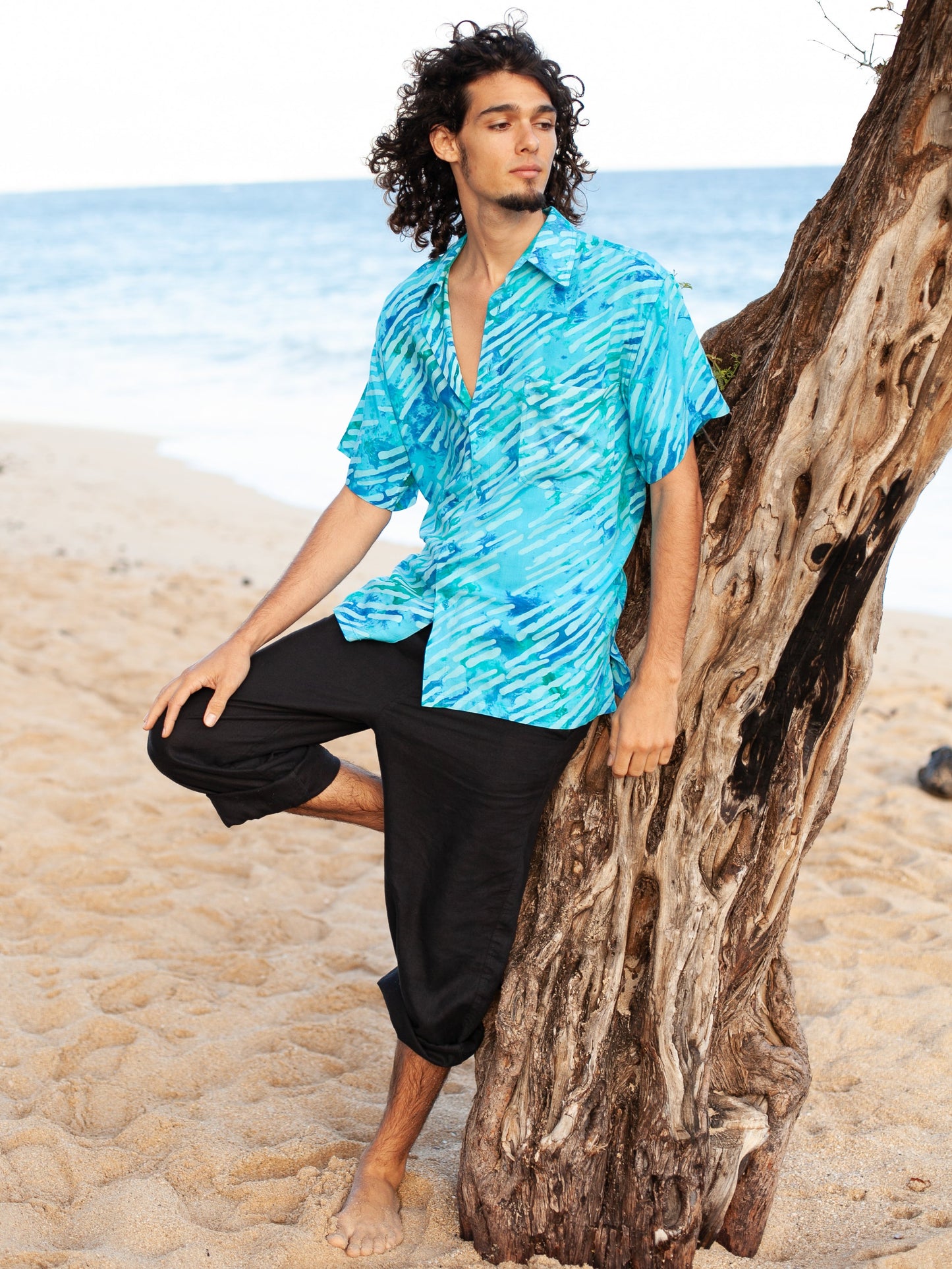 Mens Batik Island Shirt Short Sleeve Tuquoise Blue Beach Wedding Full