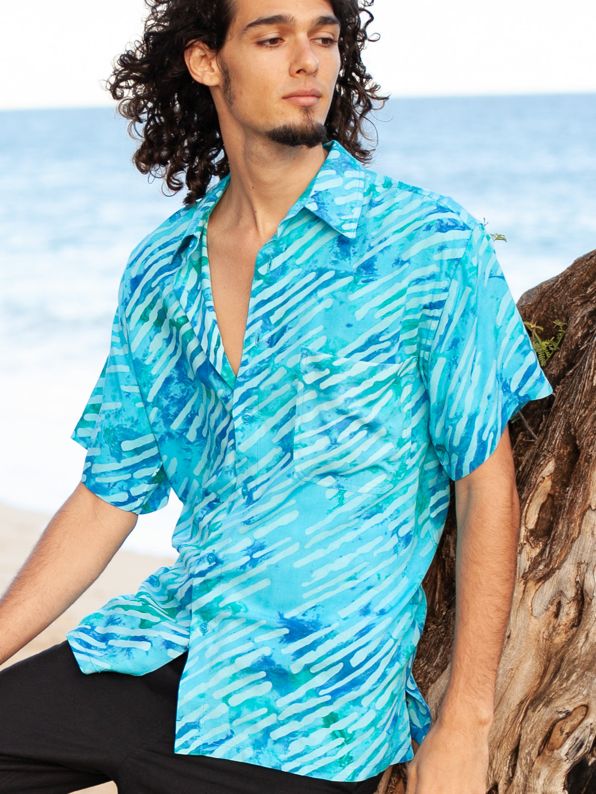 Mens Batik Island Shirt Short Sleeve Tuquoise Blue Beach Wedding
