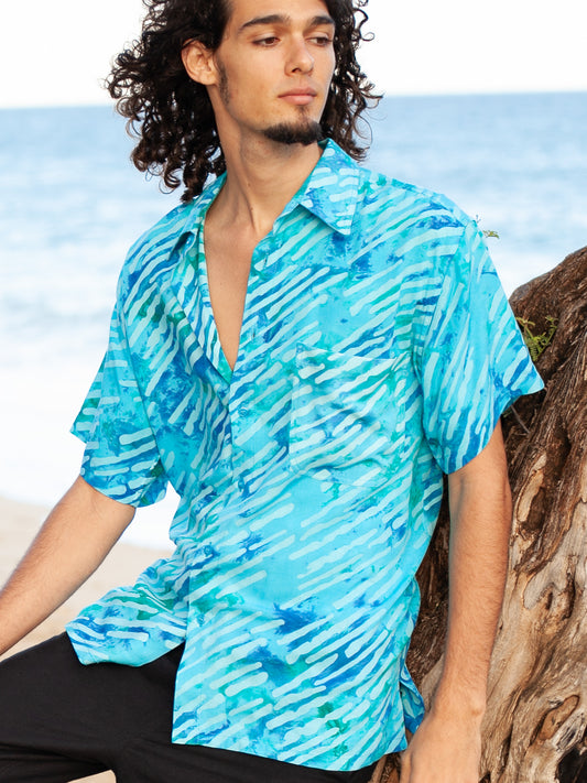 Mens Batik Island Shirt Short Sleeve Tuquoise Blue Beach Wedding