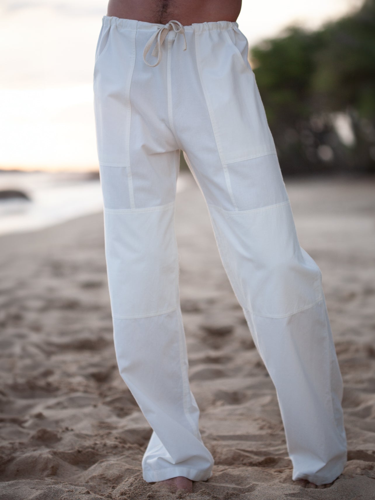 Mens Cotton Drawsting Kundalini Pants White Casual Beach Yoga Wear Front