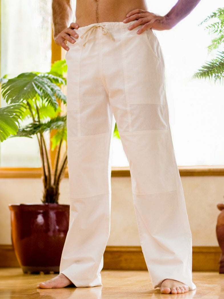 Mens Cotton Drawsting Kundalini Pants White Casual Beach Yoga Wear Front