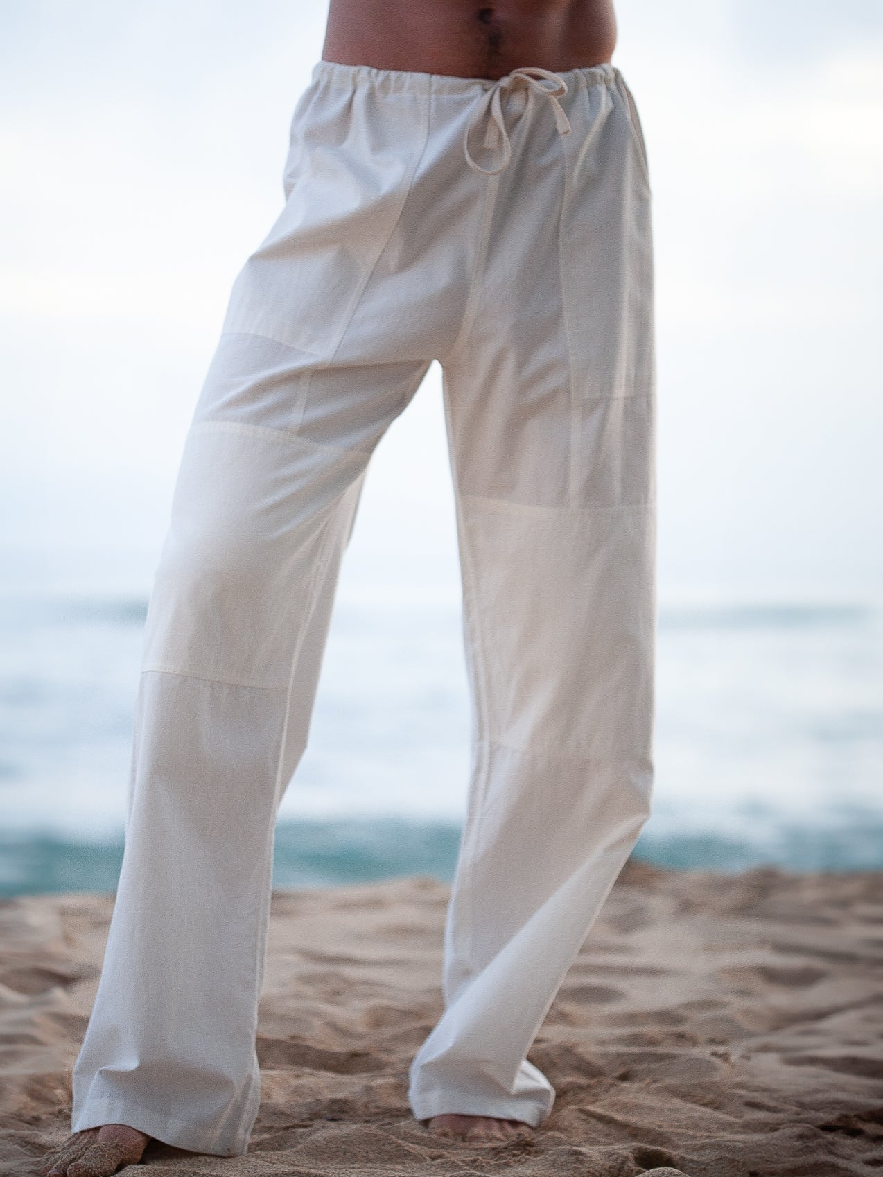 Mens Cotton Drawsting Kundalini Pants White Casual Beach Yoga Wear Front