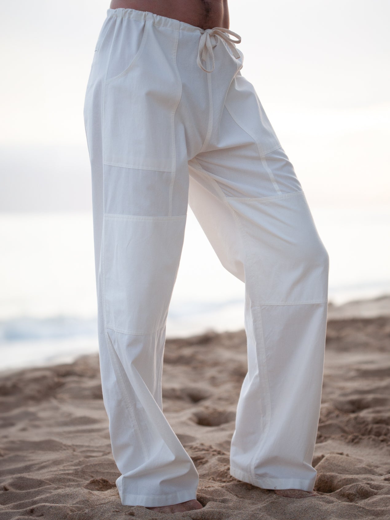 Mens Cotton Drawsting Pants White Casual Beach Yoga Wear Side