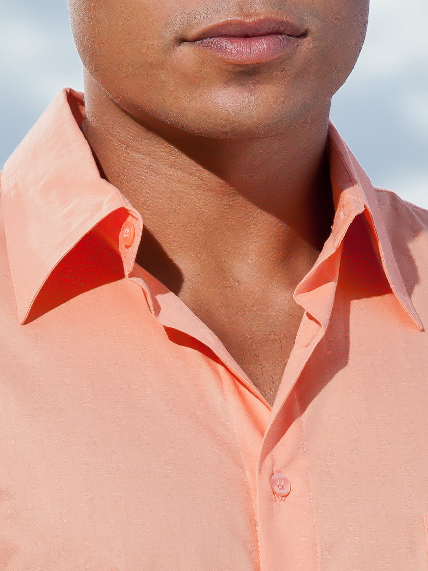 Mens Cotton Island Shirt Short Sleeve Pink Salmon Casual Beach Wear Collar
