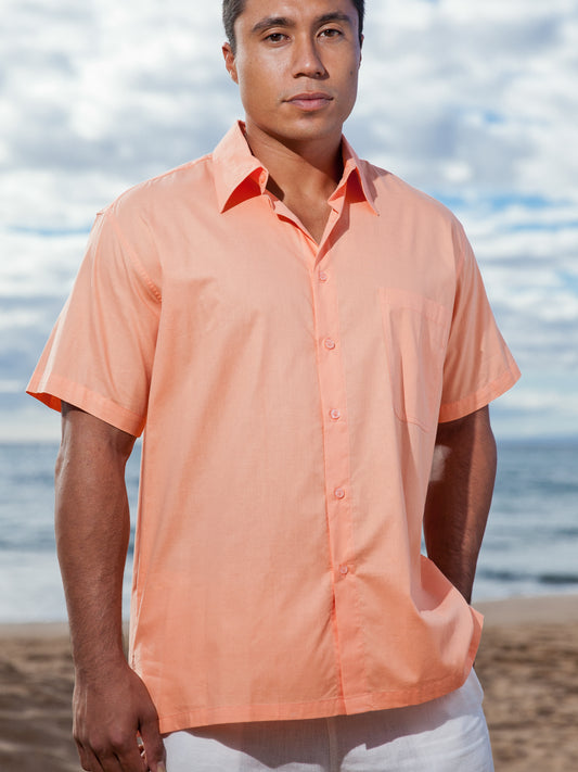 Mens Cotton Island Shirt Short Sleeve Pink Salmon Casual Beach Wear