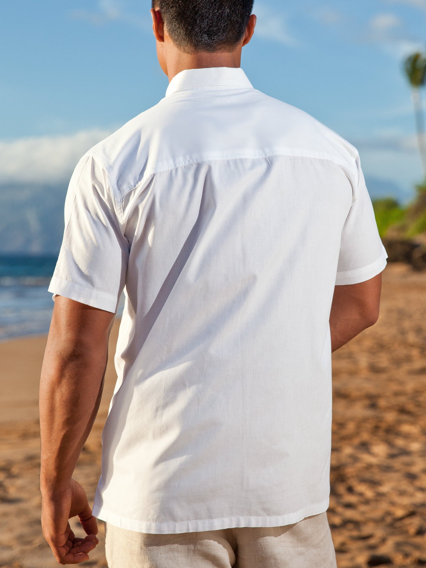 Mens Cotton Island Shirt Short Sleeve White Casual Beach Wear Back