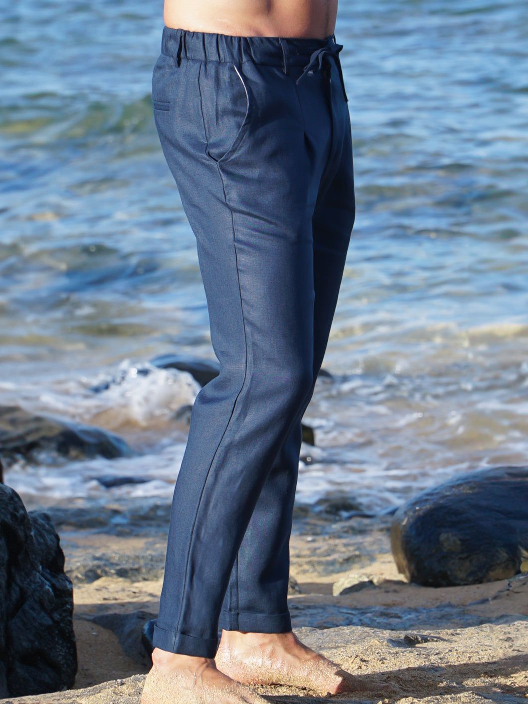 Mens Cropped Italian Linen Slim Fit Verona Pants Navy Blue Beach Wedding Side