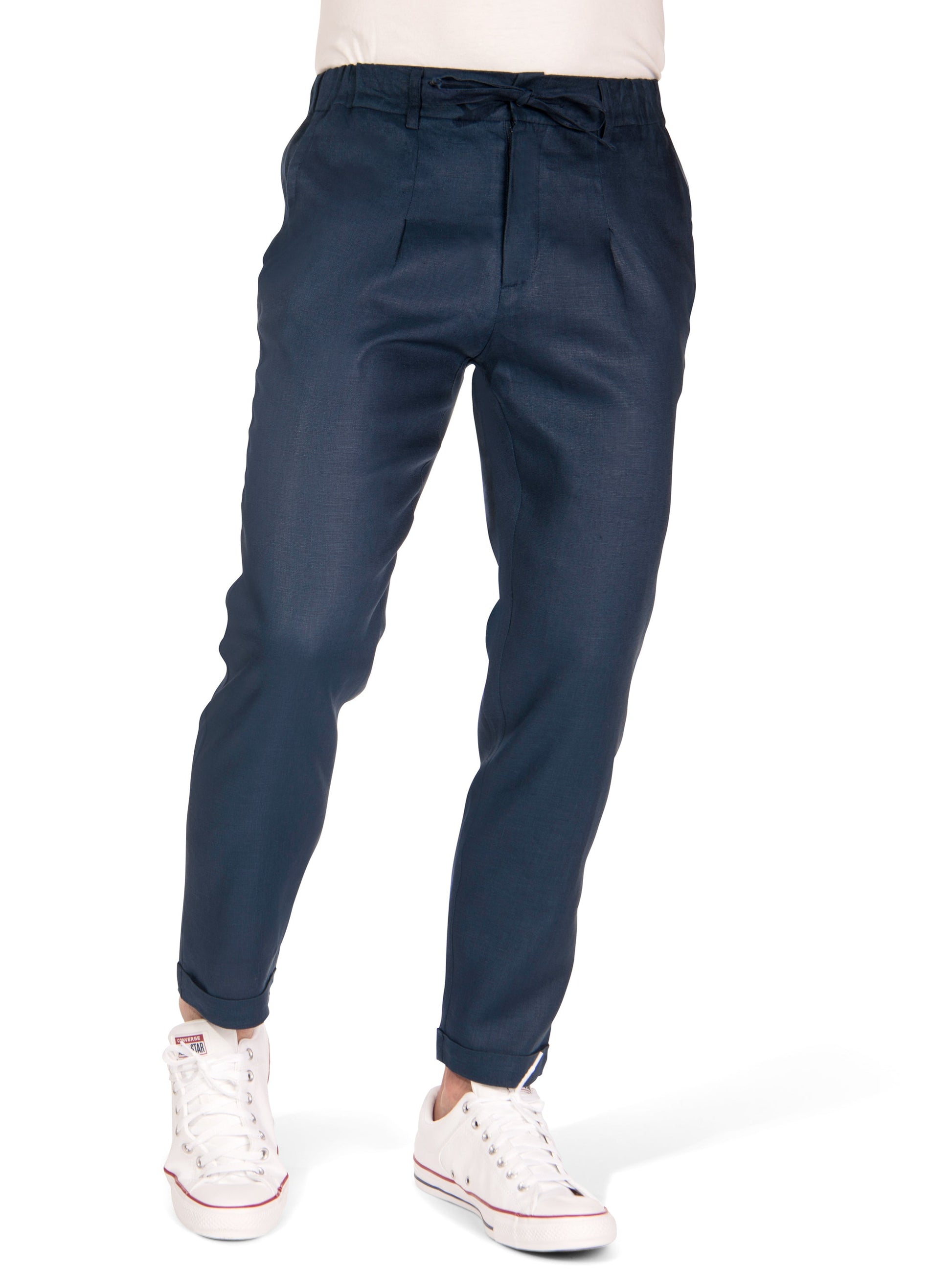 Mens Cropped Italian Linen Slim Fit Verona Pants Navy Blue Beach Wedding Studio