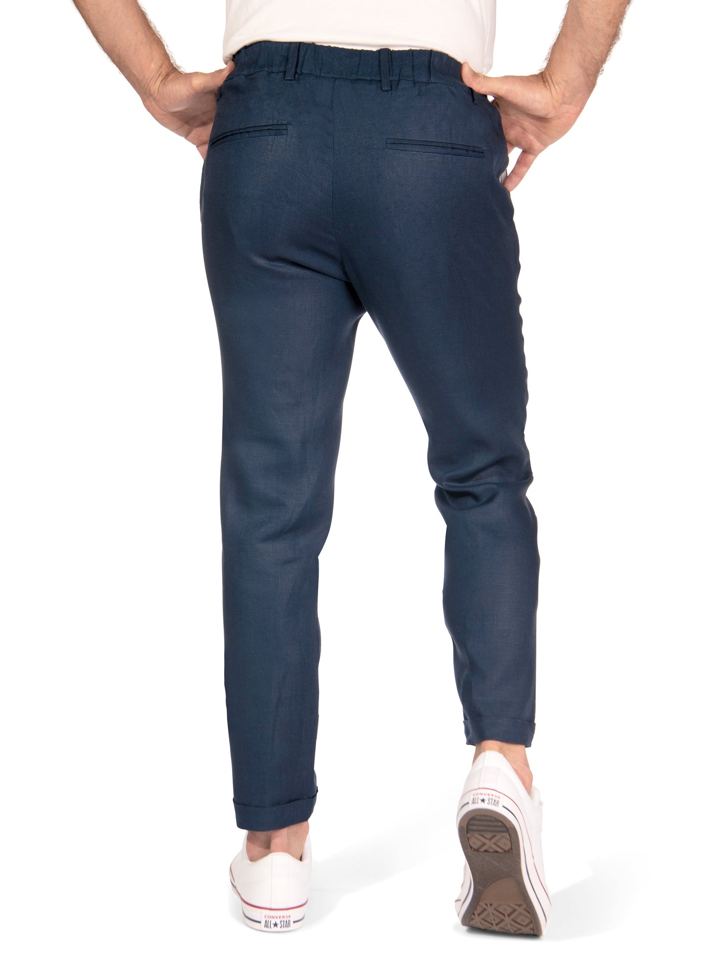 Mens Cropped Italian Linen Slim Fit Verona Pants Navy Blue Beach Wedding Studio