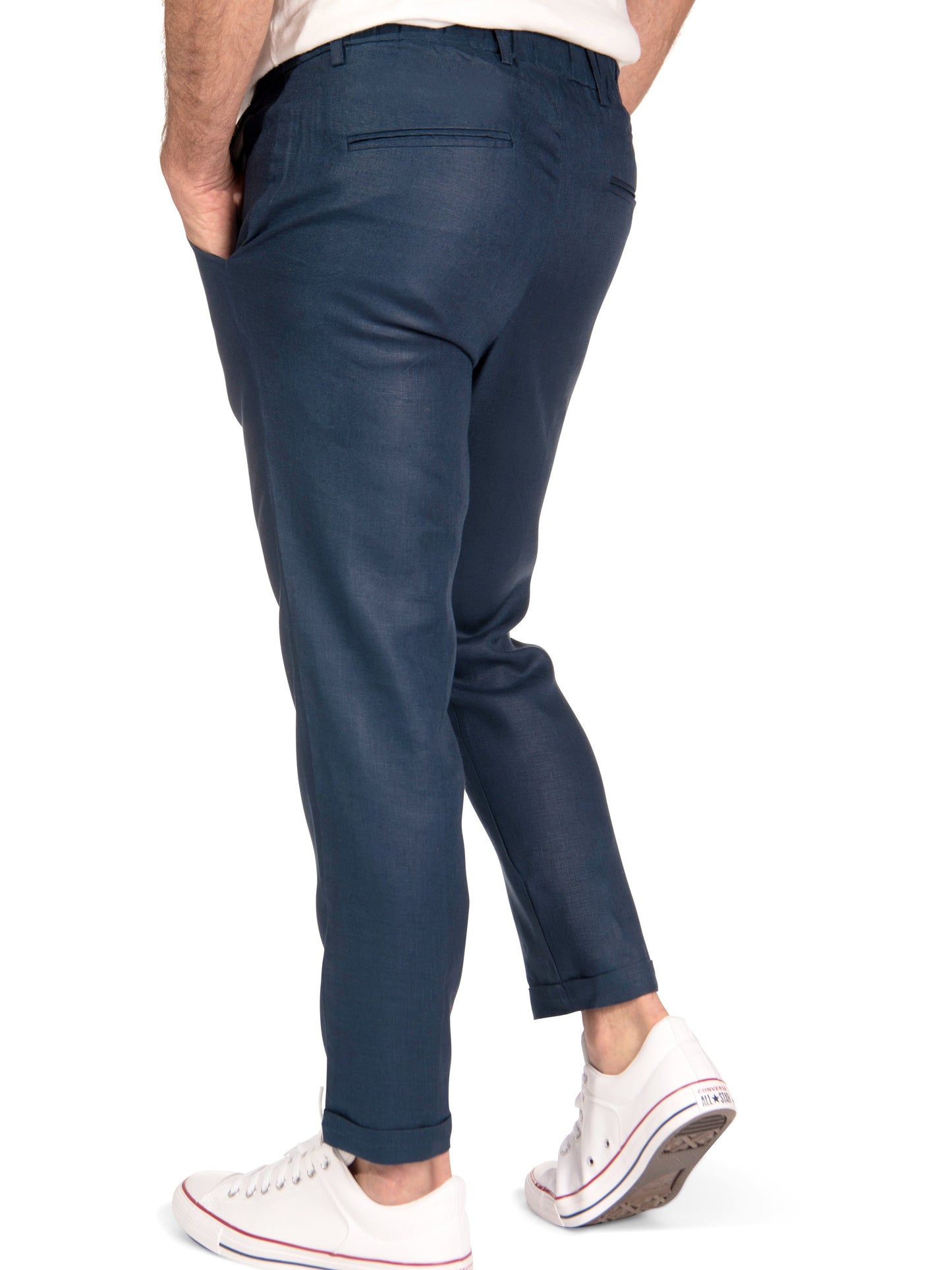 Mens Cropped Italian Linen Slim Fit Verona Pants Navy Blue Beach Wedding Studio