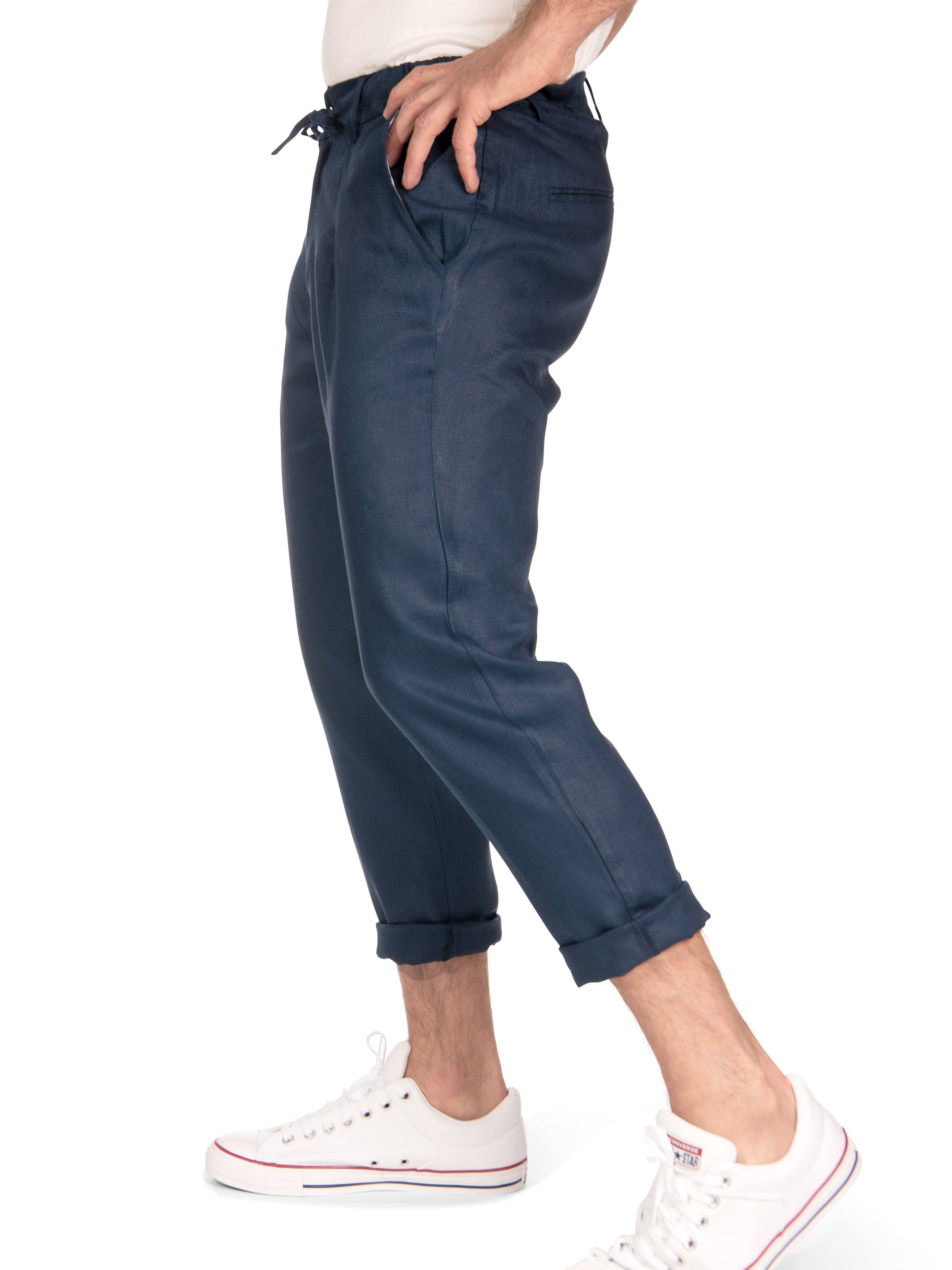 Mens Cropped Italian Linen Slim Fit Verona Pants Navy Blue Beach Wedding Studio