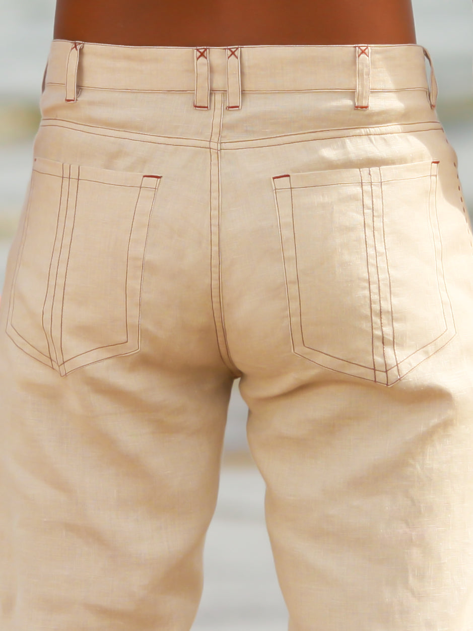 Mens Custom Linen Jean Style Havana Pant Natural Khaki Light Weight Beach Wedding Close