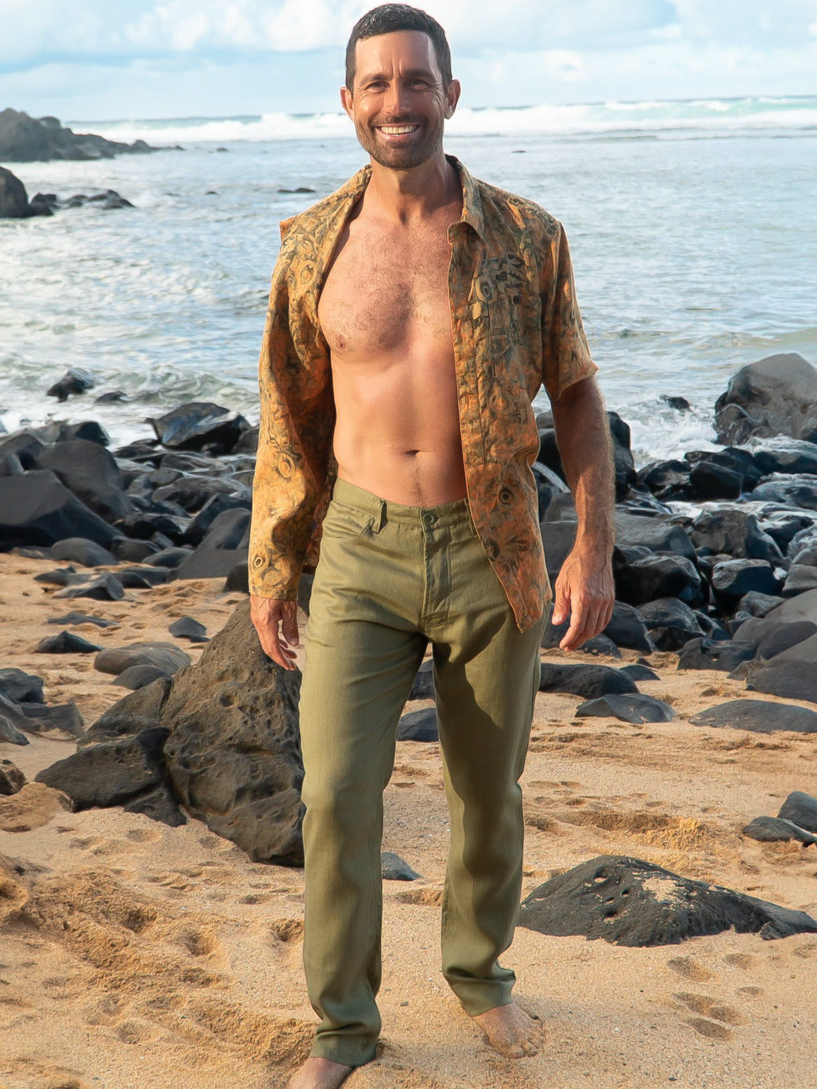 Mens Custom Linen Jean Style Havana Pant Olive Green Light Weight Beach Wedding Groom Full