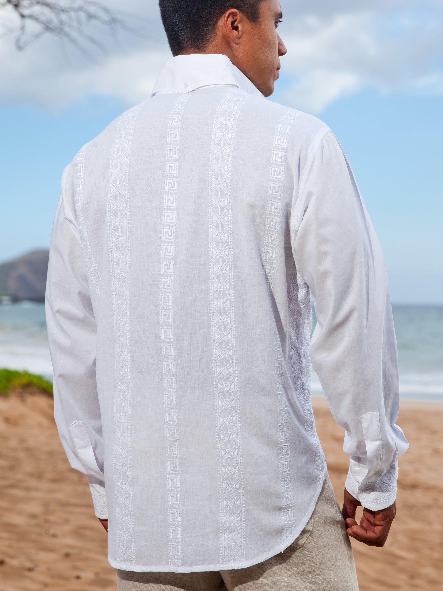 Mens Embroidered Cotton Cancun Shirt White Lignt Weight Beach Wedding Back