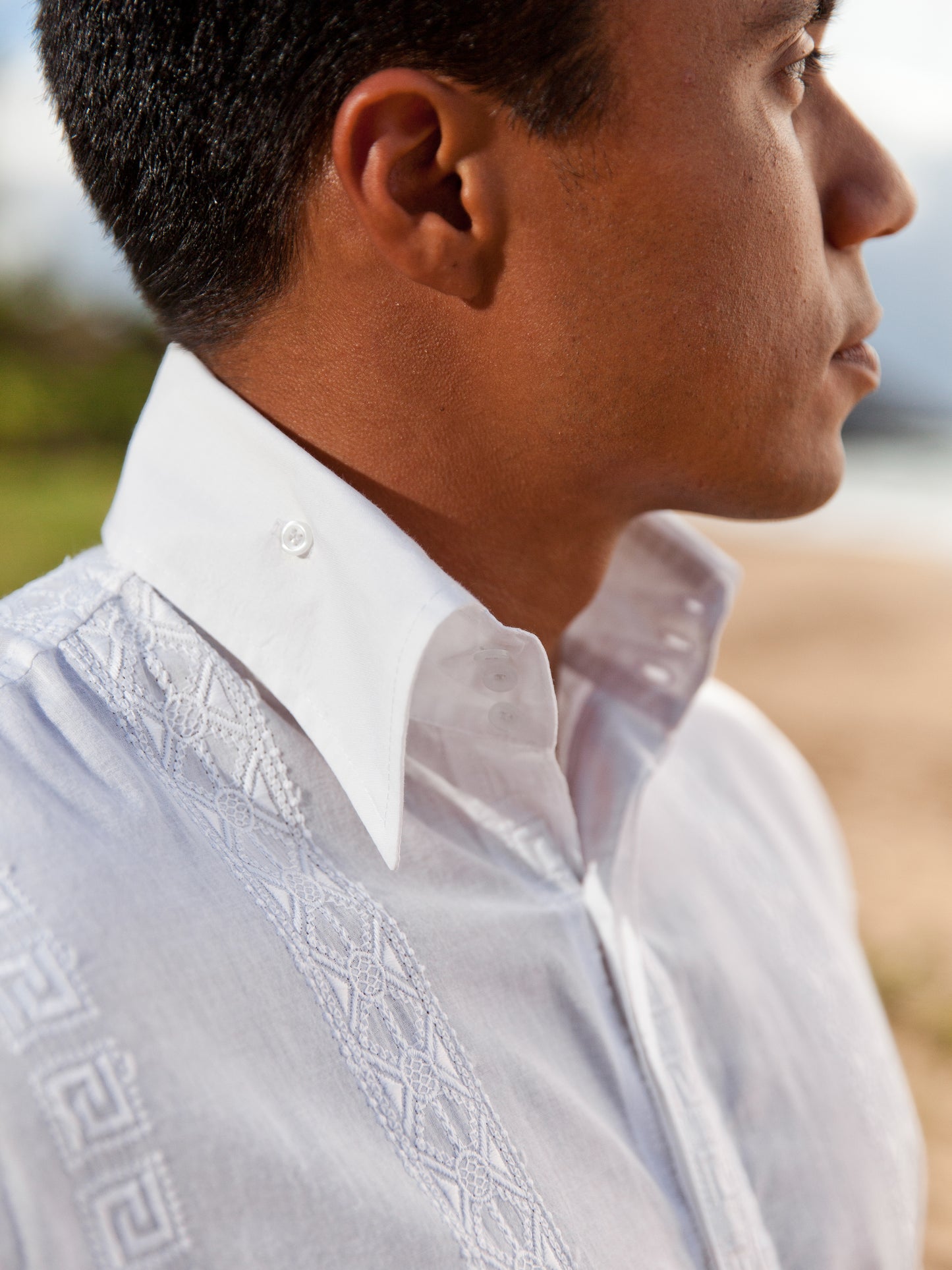 Mens Embroidered Cotton Cancun Shirt White Lignt Weight Beach Wedding Collar
