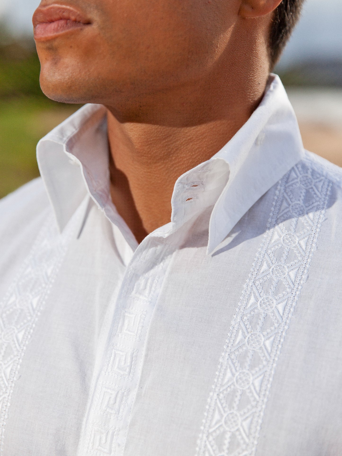 Mens Embroidered Cotton Cancun Shirt White Lignt Weight Beach Wedding Collar