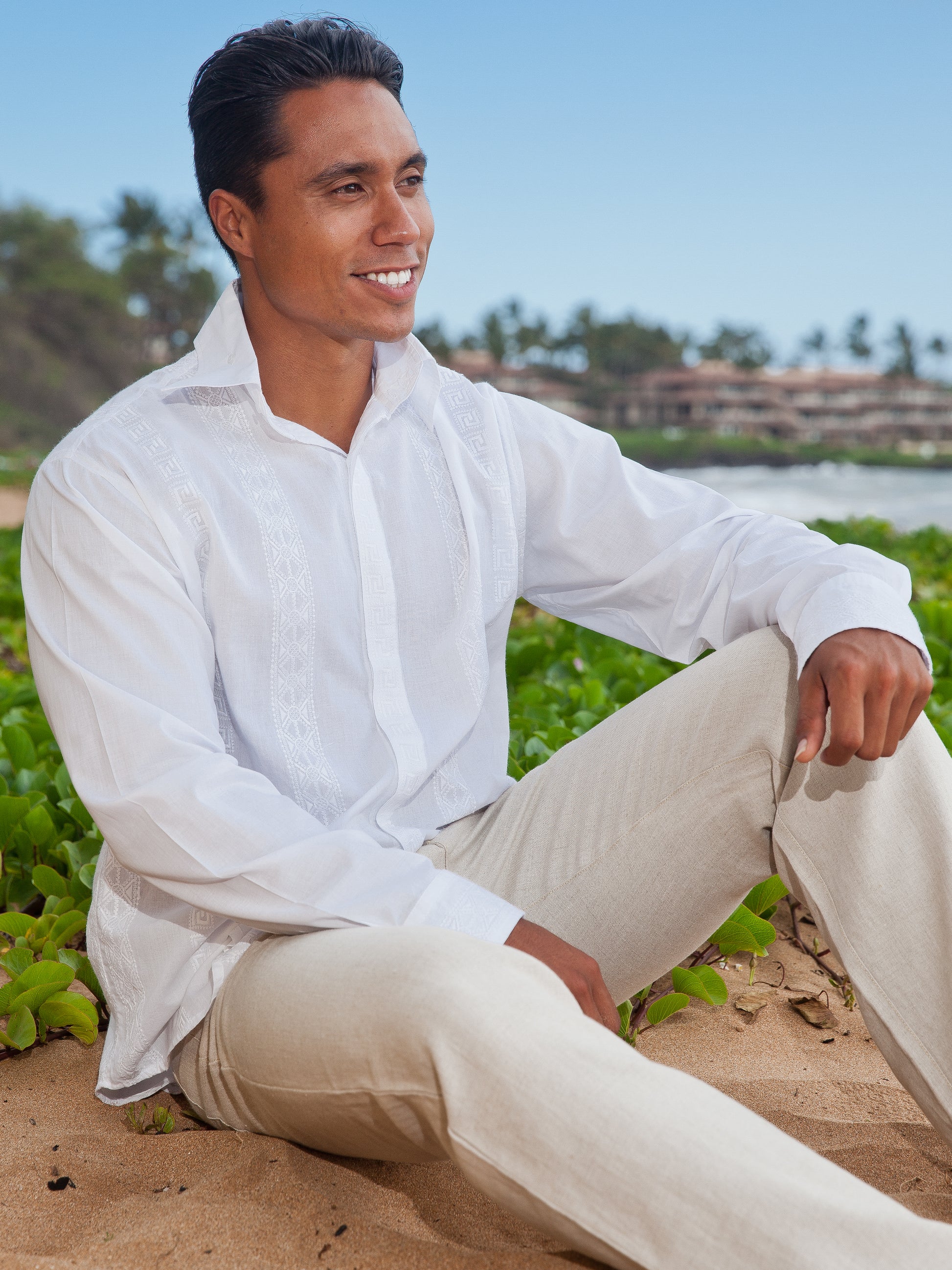 Mens Embroidered Cotton Cancun Shirt White Lignt Weight Beach Wedding Lifestyle